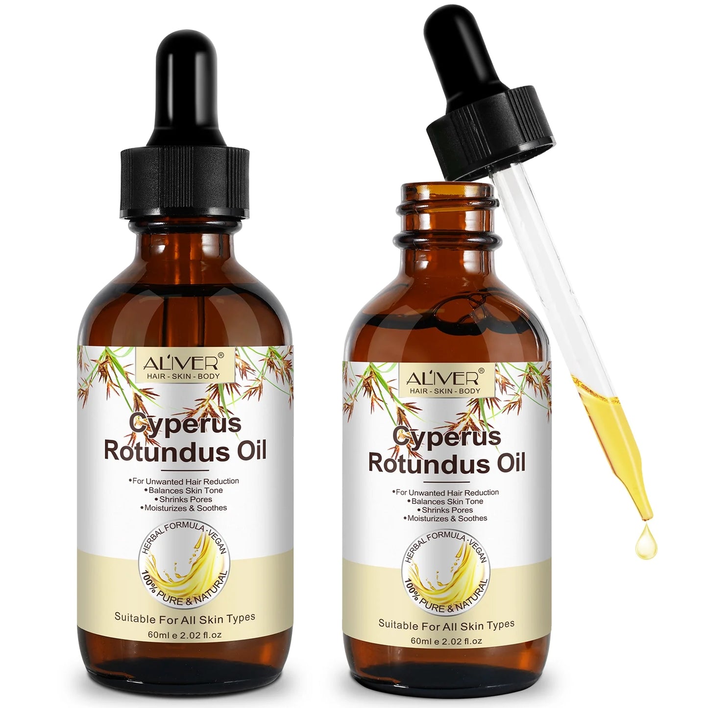 Cyperus Rotundus Oil, 2-Pack Natural Cyperus Rotundus Oil for Unwanted Hair Reduction, Skin-Friendly Hair Removal, 2.02 Fl.Oz
