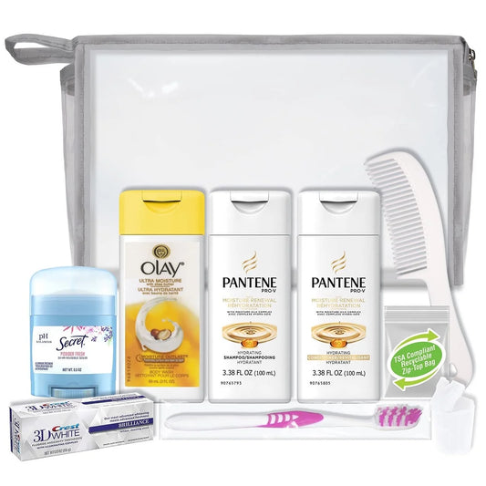 Women'S 10-Piece Deluxe Kit with Travel Size TSA Compliant Essentials, Featuring: Pantene Hair Products in Reusable Toiletry Bag - Clear Color