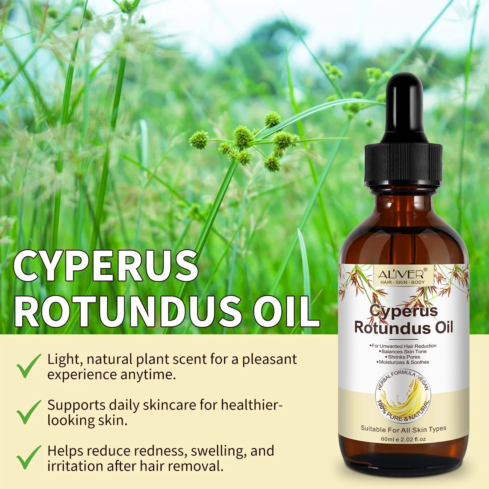 Cyperus Rotundus Oil, 2-Pack Natural Cyperus Rotundus Oil for Unwanted Hair Reduction, Skin-Friendly Hair Removal, 2.02 Fl.Oz