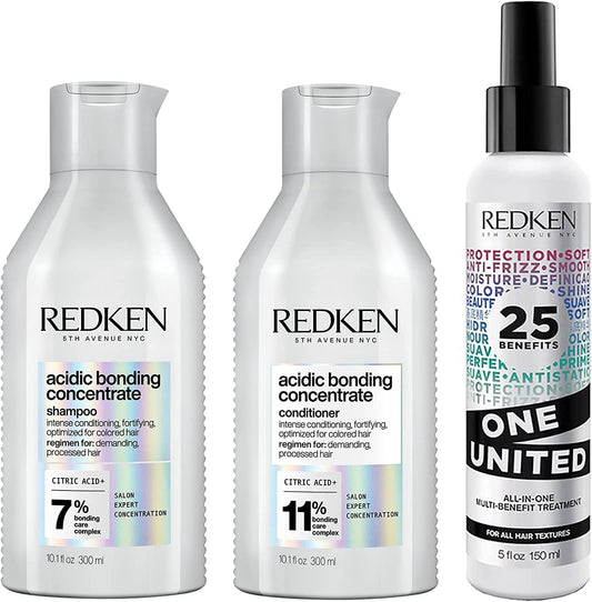 Ultimate Bonding Bundle, Acidic Bonding Concentrate Shampoo and Conditioner 300 Ml & One United 25 Multi-Benefits Leave in Conditioner and Treatment Spray 150 Ml, the Ultimate Three Step Bundle to Stronger-Looking Hair