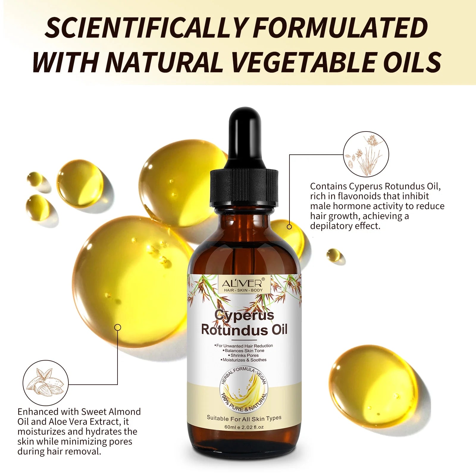 Cyperus Rotundus Oil, 2-Pack Natural Cyperus Rotundus Oil for Unwanted Hair Reduction, Skin-Friendly Hair Removal, 2.02 Fl.Oz