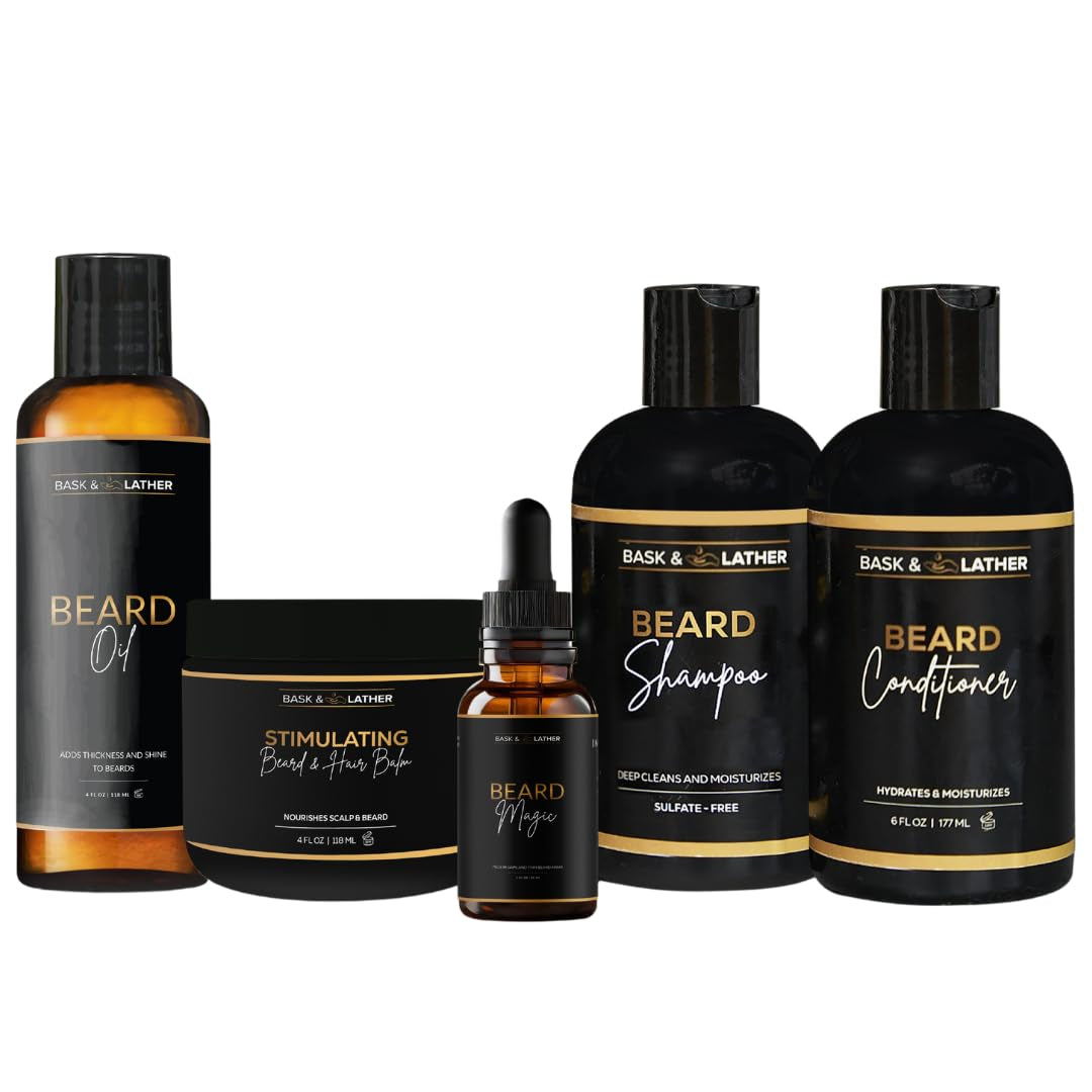 Healthy Hair and Beard Care Kit for Men Includes Beard Oil, Beard Shampoo and Beard Conditioner, Beard Magic, and Stimulating Hair Balm, 5 Product All-In-One Starter Grooming Kit, Black