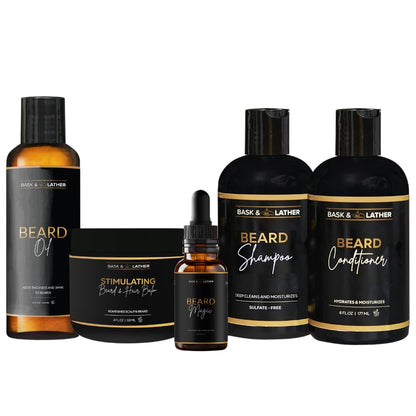 Healthy Hair and Beard Care Kit for Men Includes Beard Oil, Beard Shampoo and Beard Conditioner, Beard Magic, and Stimulating Hair Balm, 5 Product All-In-One Starter Grooming Kit, Black