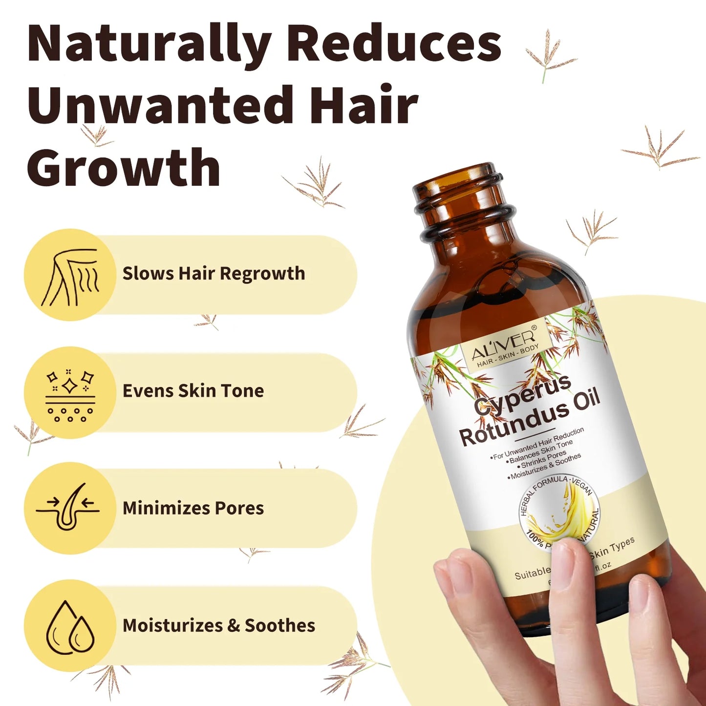 Cyperus Rotundus Oil, 2-Pack Natural Cyperus Rotundus Oil for Unwanted Hair Reduction, Skin-Friendly Hair Removal, 2.02 Fl.Oz