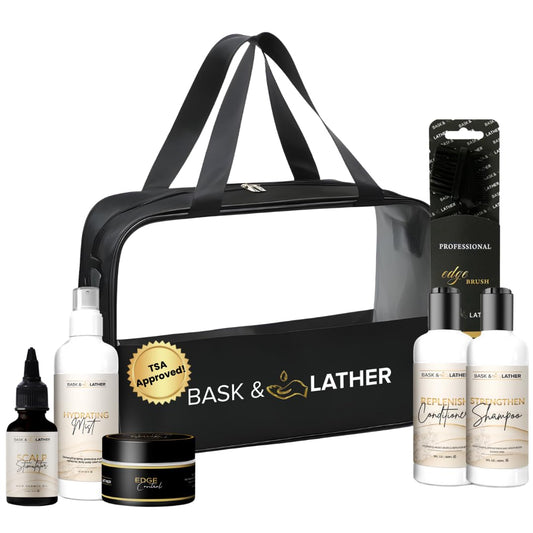 on the Go Travel Essential Kit, Hydrating Hair Products for Black Hair, Travel Case with Shampoo & Conditioner, Mist, Edge Control, Scalp Stimulator & Edge Control Brush, TSA Accepted