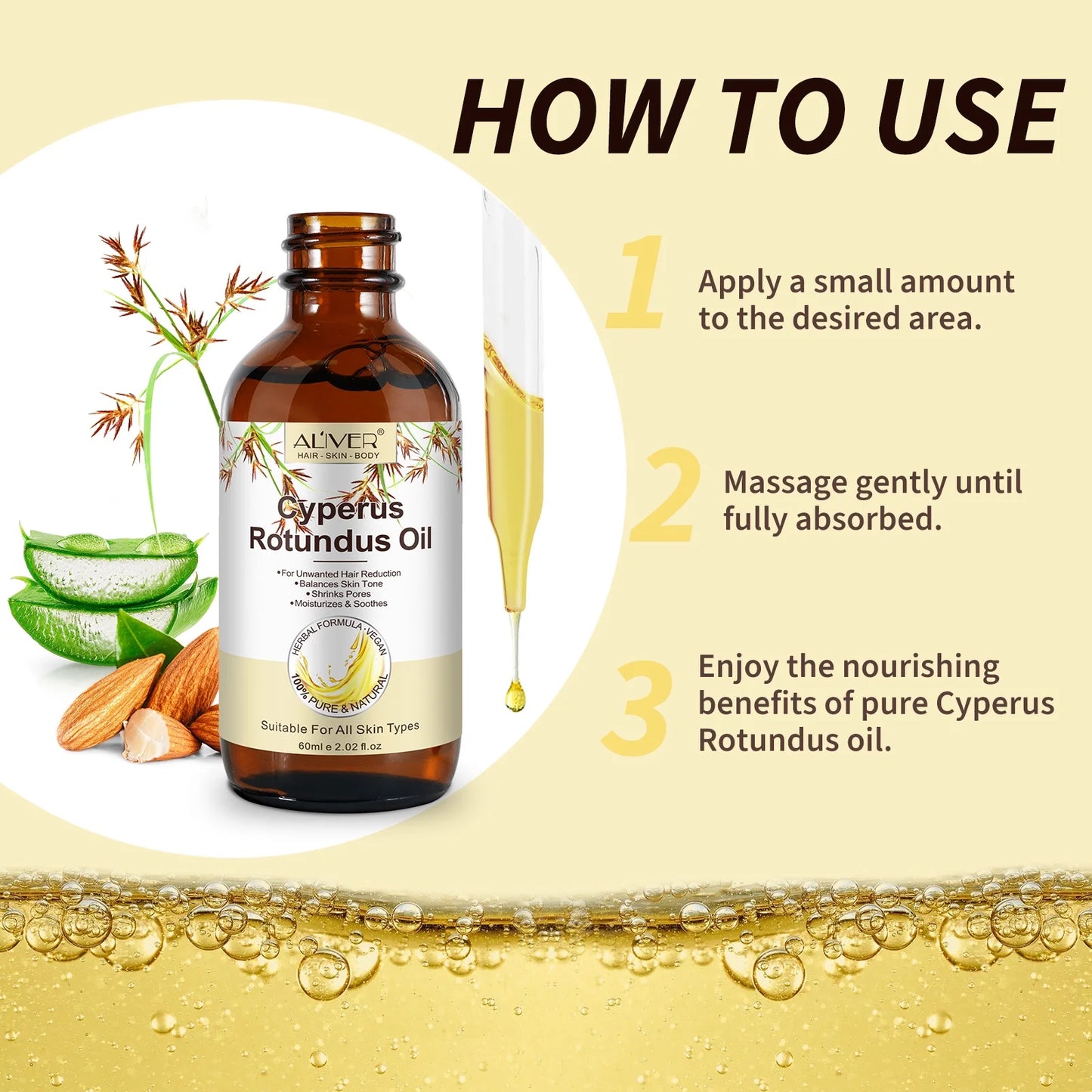 Cyperus Rotundus Oil, 2-Pack Natural Cyperus Rotundus Oil for Unwanted Hair Reduction, Skin-Friendly Hair Removal, 2.02 Fl.Oz